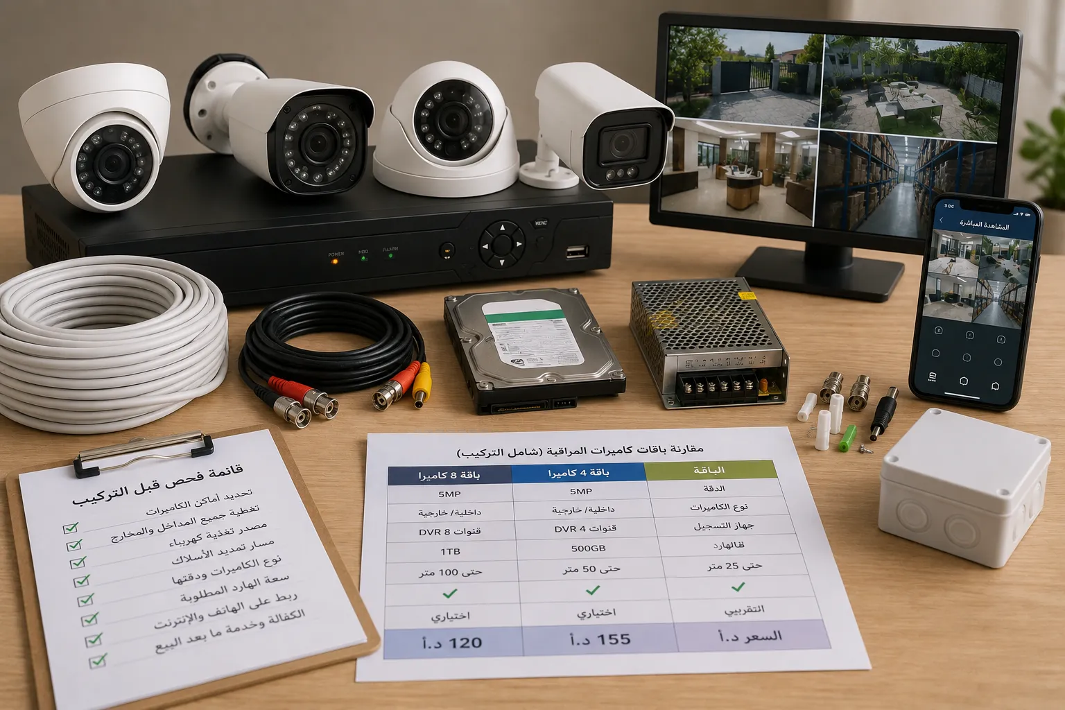 أسعار كاميرات المراقبة في الأردن 2026: تكلفة تركيب 2 و4 و8 كاميرات Hikvision وDahua