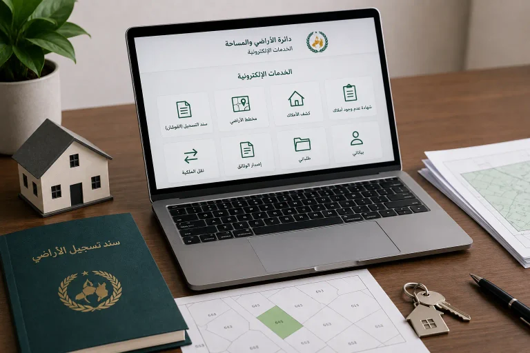خدمات دائرة الأراضي والمساحة الإلكترونية في الأردن 2026: استخراج القوشان ومخطط الأراضي وكشف الأملاك ونقل الملكية عبر سند