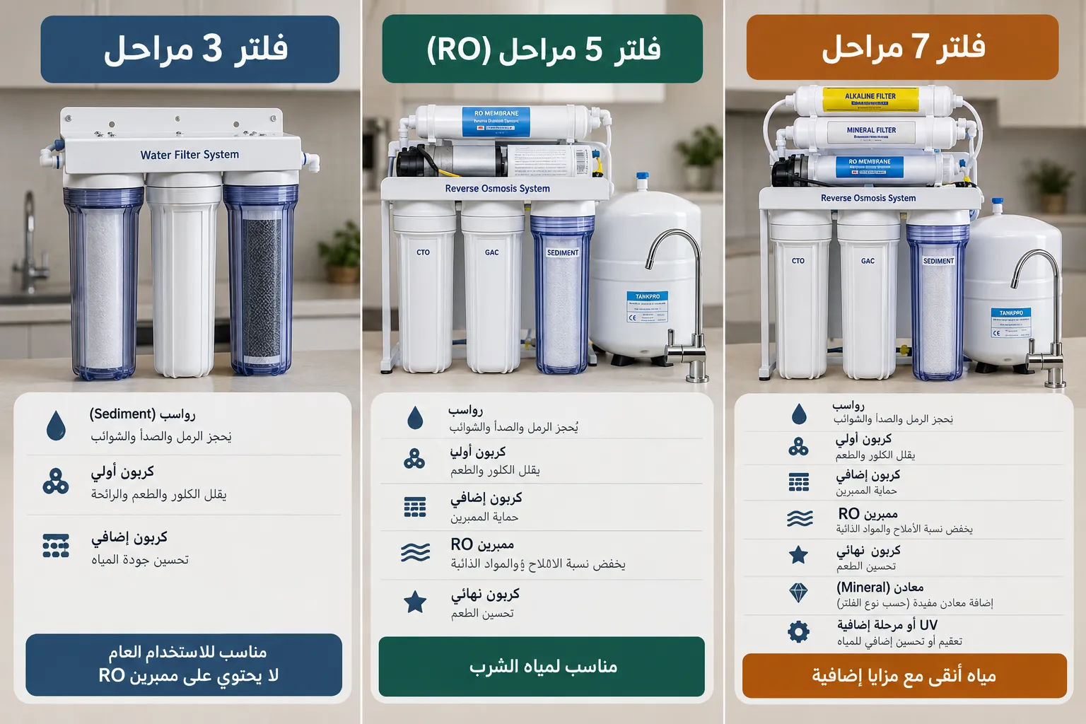 فلتر مياه منزلي 2026 : كيف تختار الأفضل؟ الأسعار، RO، وفرق 3 و5 و7 مراحل