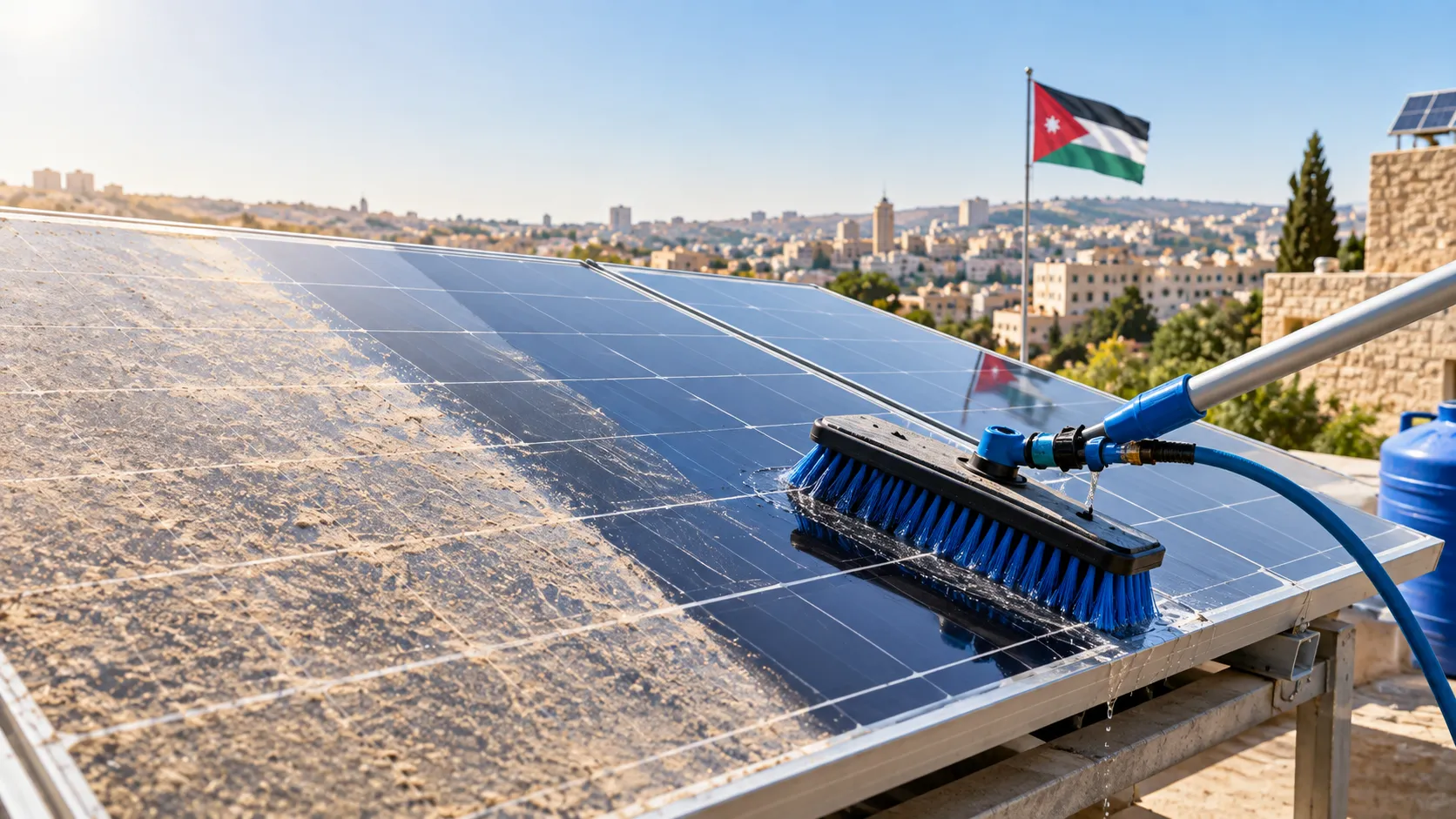 تنظيف ألواح الطاقة الشمسية في الأردن 2026 : متى تنظفها والطريقة الصحيحة دون إتلافها؟